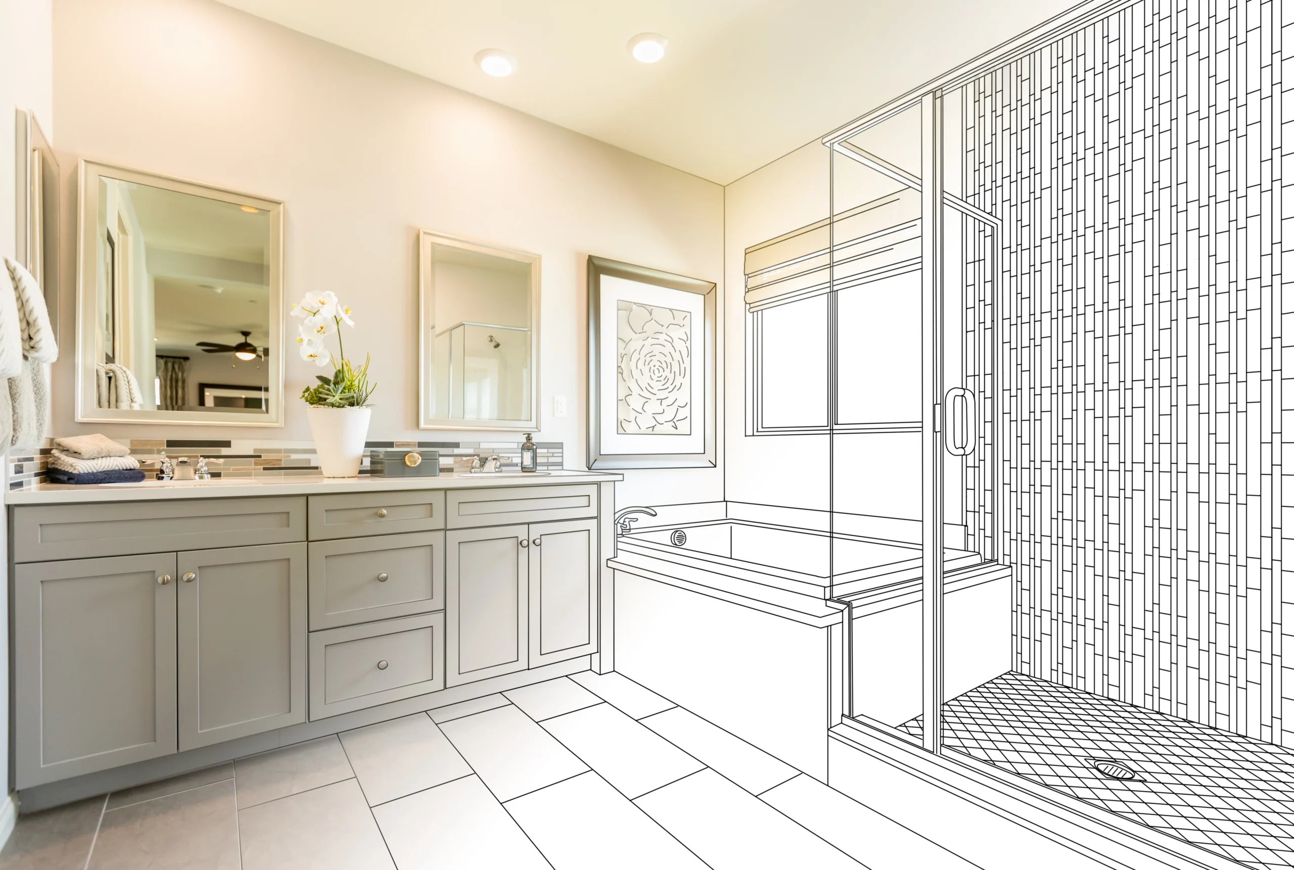 Modern bathroom with a gray vanity, dual mirrors, and a potted orchid. The right side shows a sketch of a shower and tub, blending real with design.